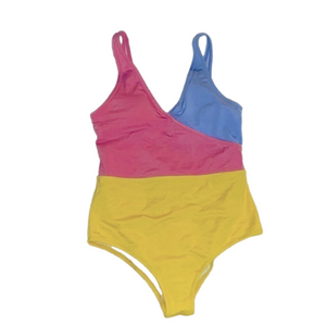 crane yellow blue and pink one piece color block swim suit nwot medium